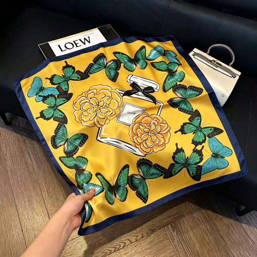 71Cm New Chinese Simulation Silk Square Scarf Soft and Skin-friendly Ink Flower Rhyme Printing Silk Scarf Neck Sunscreen Small Scarf