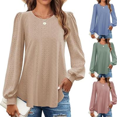 Women's Fashion Casual Solid Color Print Long Sleeve O Neck Blouses & Shirts