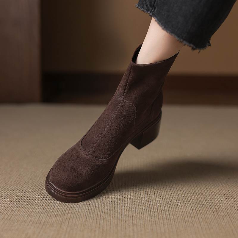 Krazing Pot Cow Suede Nubuck Round Toe Thick Heels Chelsea Boots Size 42 Concise Style Women Keep Warm Ankle Boots