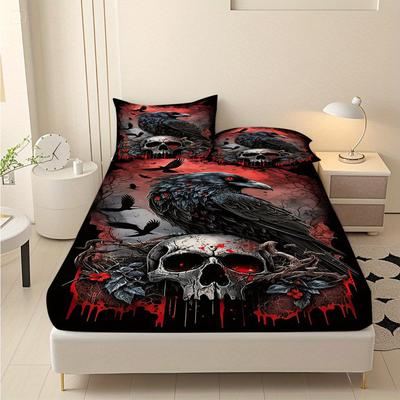 Gothic Raven Skull Fitted Sheet Set 3D Print Bedding Set Soft And Durable Microfiber Fabric For Teens Bedroom Decor