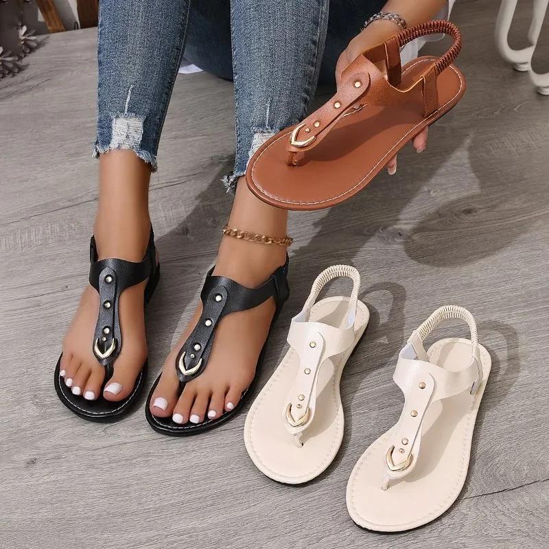 Sandals for Women 2025 Summer Simple Fashionable Flats Elastic Band Outdoor Beach Shoes Casual Ladies Rome Sandals