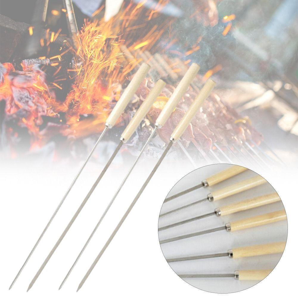 10PCS New Stainless Steel Barbecue Skewers Wooden Handle Anti-scalding Barbecue Stick Barbecue Tools Barbecue