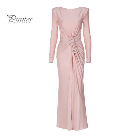 Dámské večerní šaty Skládaný uzel Dekor Slim Fit Kulatý výstřih vzadu Zip Zapínání po celé délce Svatební Party Prom Maxi šaty