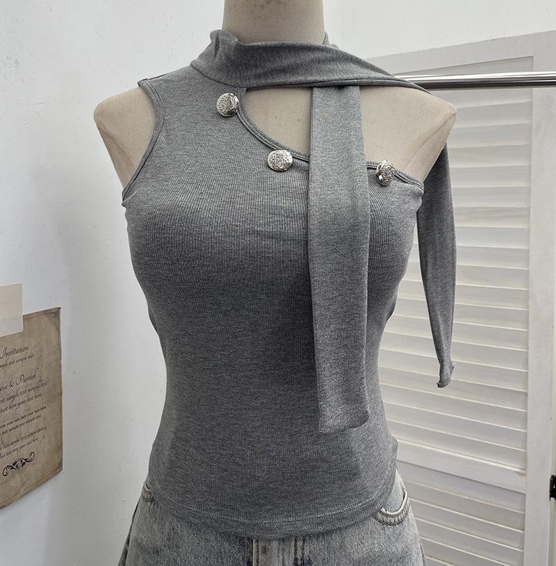 

Halter Neck Knit Camisole with Chest Pads and Off-Shoulder Streamers - Sexy and Elastic Top One Size серый