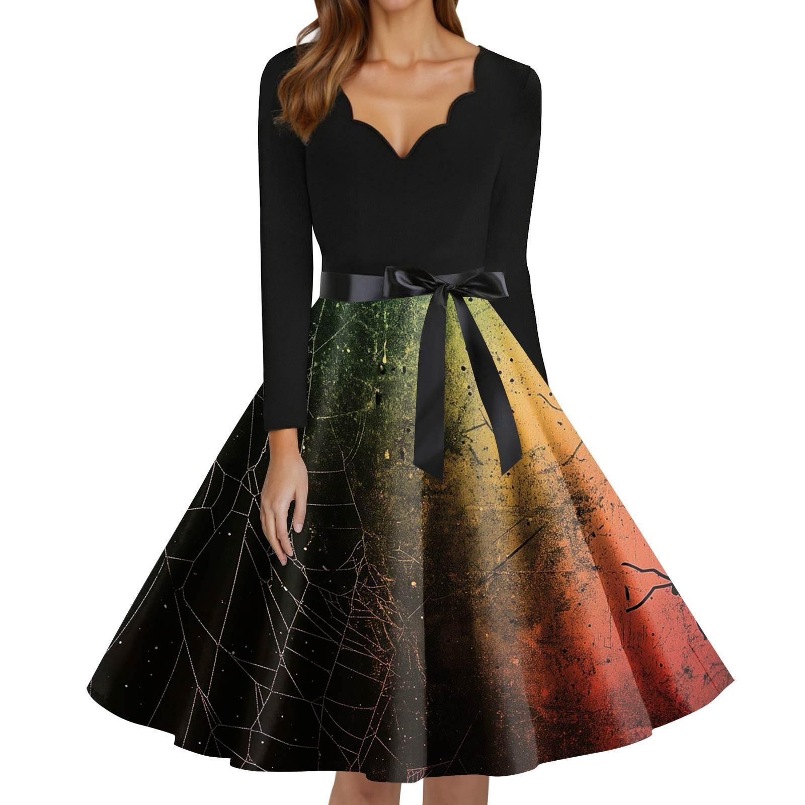 

Women s Fashion V-Neck Casual Slim Fit Halloween Printed Long Sleeve Dress L армія зелений колір