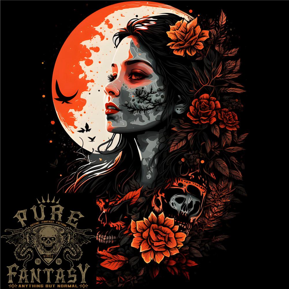 Santa Muerta and Moon Skulls Roses Mens Light Cotton T-Shirt