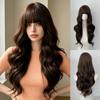 Damen Matte Perücke mit luftigem Pony, langen welligen Locken und Rosanetz für den täglichen Gebrauch