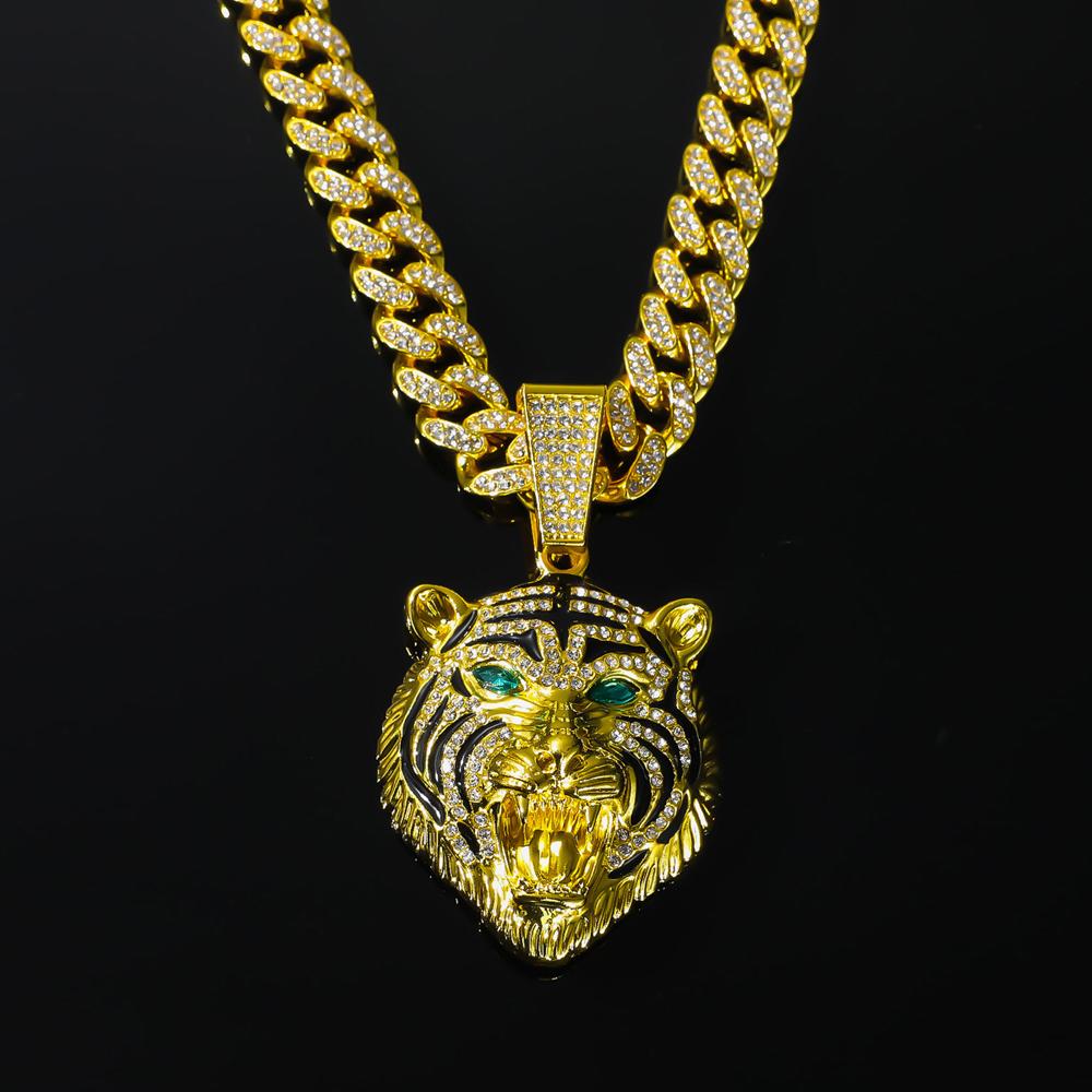 Men Hip Hop 3D Tiger Pendant Necklace with 13mm Crystal Cuban Chain Iced Out Bling Necklaces HipHop Women Fashion Charm Jewelry