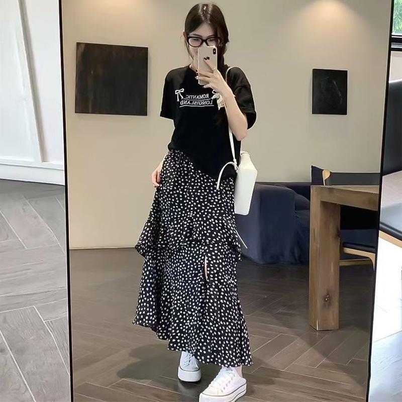 Korean Retro Small Floral Skirt Women's Summer New Side Split Elastic High Waist A-word Cake Dress
