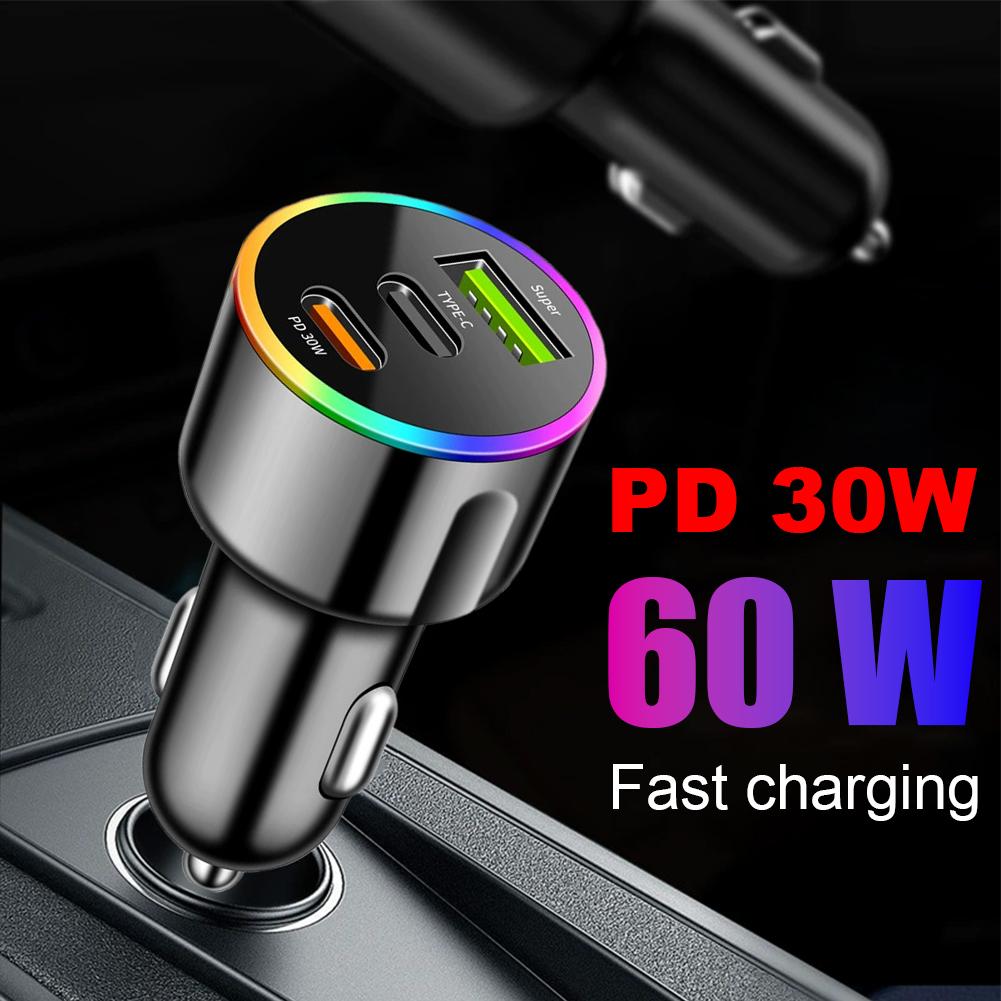 60W Fast Car Charger PD30W QC3.0 Dual Port USB C Car Charger 7 Colors RGB Ambient Light Fast Charging Adapter For Mobile Phone