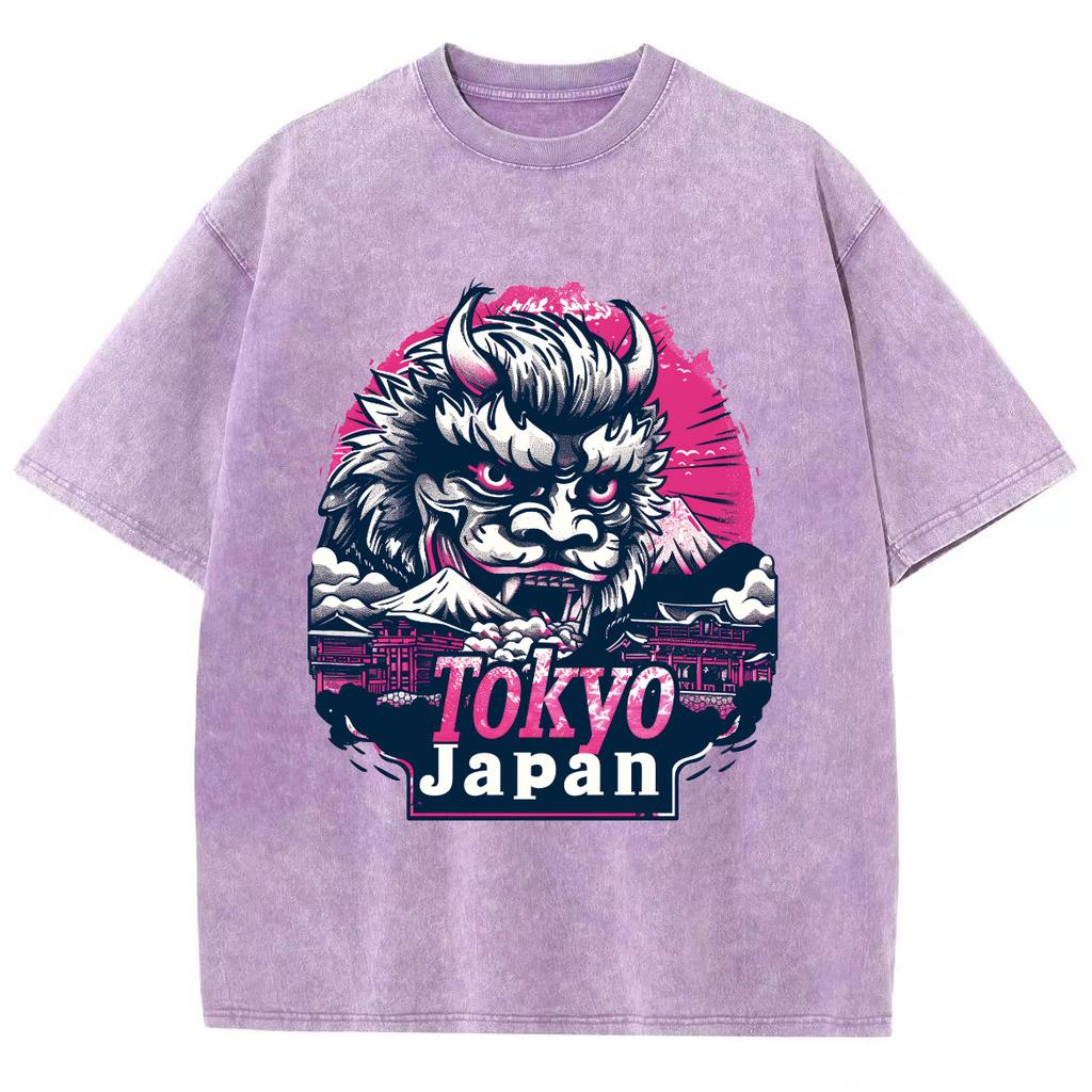 Japanese Lion Print Women Washed T-Shirt Oversized Loose Cotton Comfortable Short Sleeve Retro Chinese Distressed Top