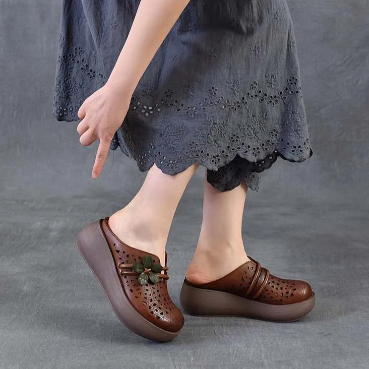 Johnature Ethnic Style Flower Wedges Slippers Genuine Leather Hollow Retro Outdoor Women's Sandals