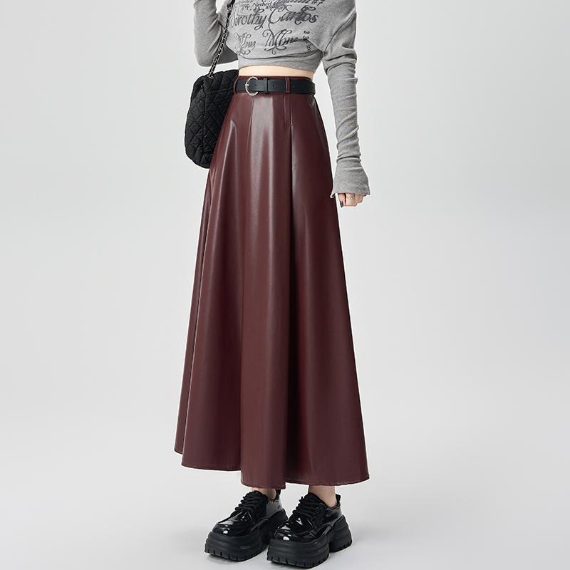 Winter Women PU Leather Skirt Long Pleated High Waist A Line Fashion Clothes