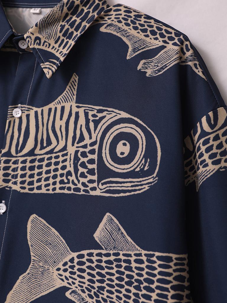 Übergroßes, lockeres Vintage-Kurzarmhemd mit Karpfen-Vollfisch-Print für Herren, lockeres Sommerhemd, trendiges Streetwear-Oberteil für Männer