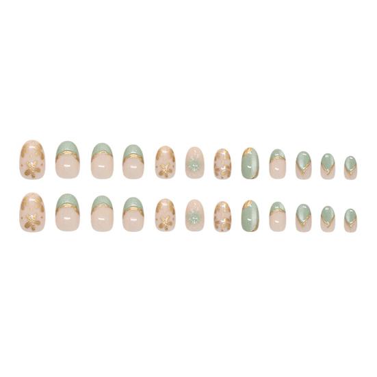 Green Cat Eyes Press On Nails Elegant 3D Gold Floral French Tips Oval False Nails with Jelly Glue Acrylic Press On Nails Kit for Women