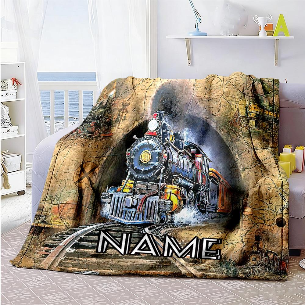 Retro Train Customize Your Name Blanket Lightweight Personalized Blanket Soft Warm Cozy Perfect for Seaside Livingroom Chair Nap Four Seasons Universa