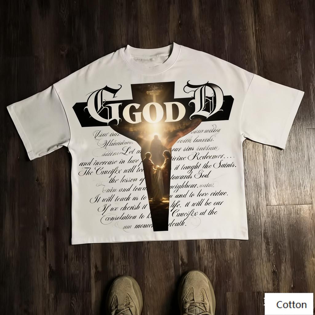 Dark Religious Street Style Unisex Cotton TShirt with Cross God Print Breathable Heavyweight Fabric Regular Fit for Gothic