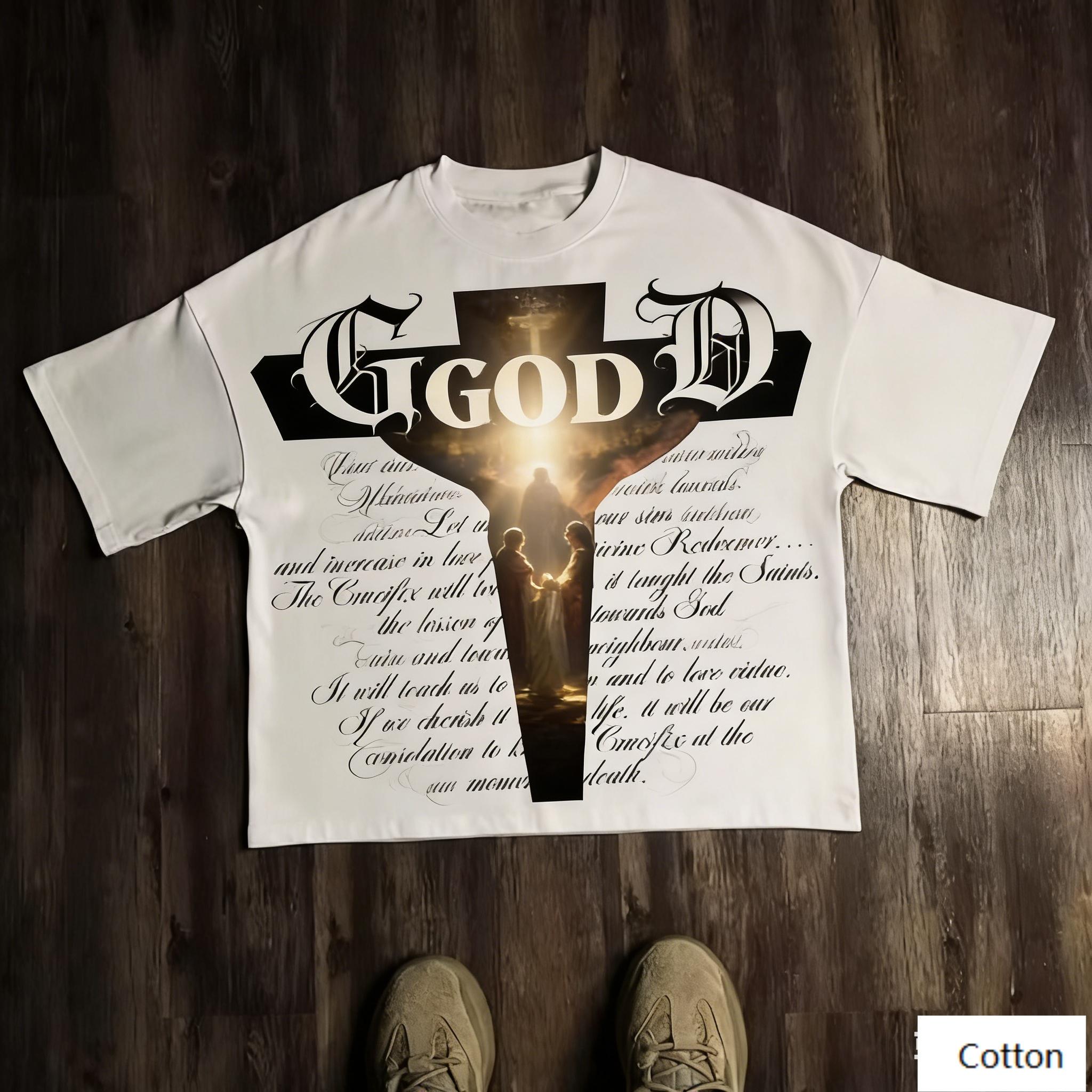 Dark Religious Street Style Unisex Cotton TShirt with Cross God Print Breathable Heavyweight Fabric Regular Fit for Gothic S