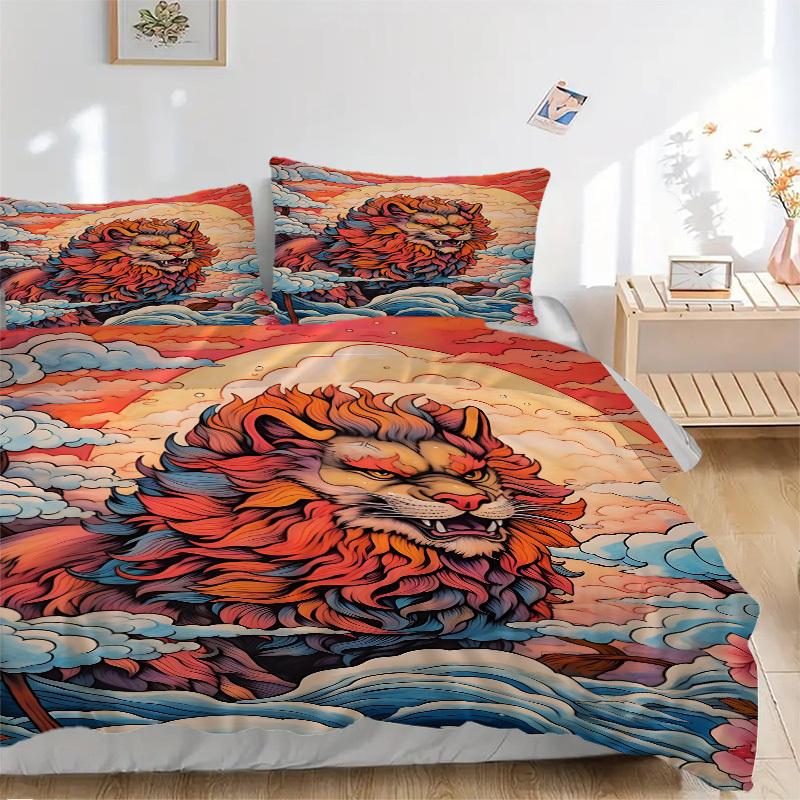 3pcs Lion Sunset Waves Duvet Cover Set - Machine Washable, Includes 1 Cover and 2 Pillowcases, No Core Included yy251013071 135x200cm