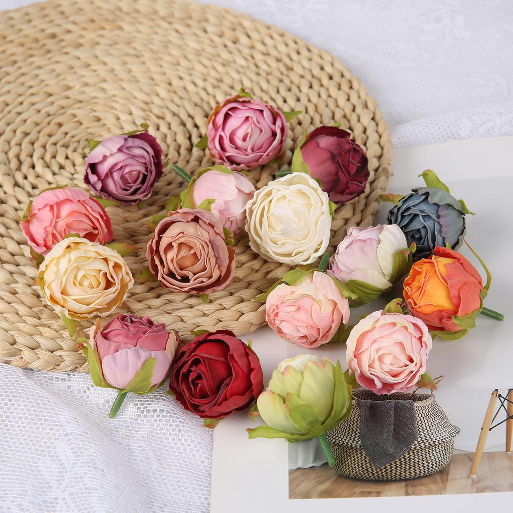 5/10Pcs 4cm Artificial Silk Tea Buds Roses Heads for Wedding DIY Wreath Scrapbook Fake Flowers Wall Decorations Home Room Decor