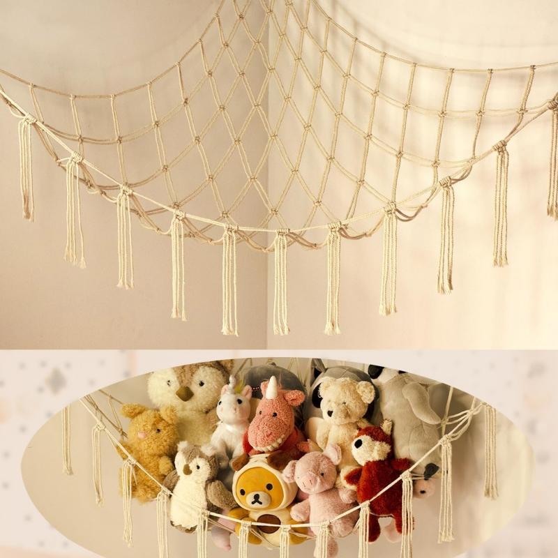Boho Stuffed Animals Net Hammock Large Toy Macrame Wall Hanging Storage Corner Hanging Net Holder for Bedroom Nursery Decor GIft