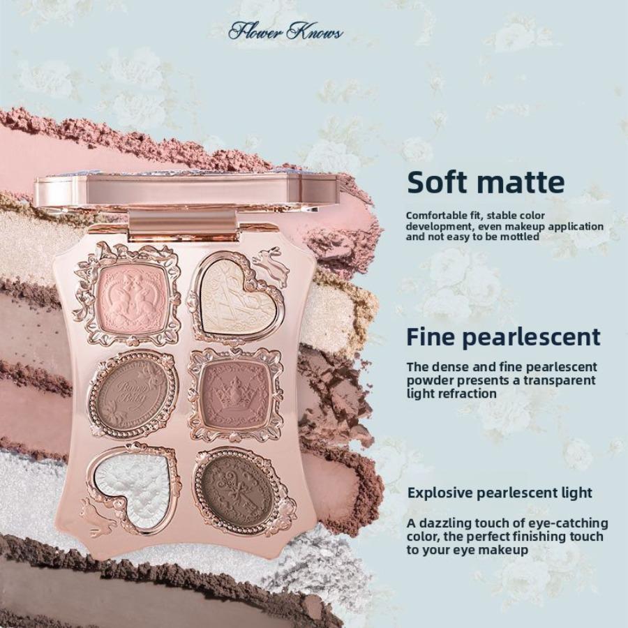 Flower Knows Garden Matte Pearlescent Powder Fine Six Color Eye Shadow Contour Palette Long Lasting Makeup Glitter Eyeshadow