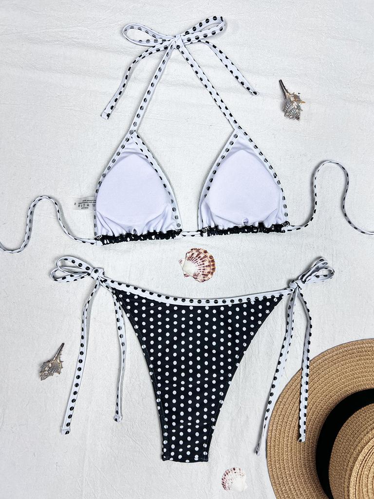 Costume da bagno da donna a pois con borsa a triangolo, Scollo all'americana, Schiena scoperta sexy, Laccetti laterali, Costume da bagno con spacco, Abbigliamento da spiaggia