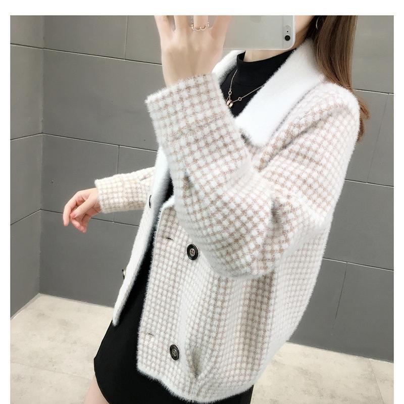 Mink Fleece Women's Coat Knitted Short Style New Spring, Autumn, Winter Plaid Wear Set Suit Collar