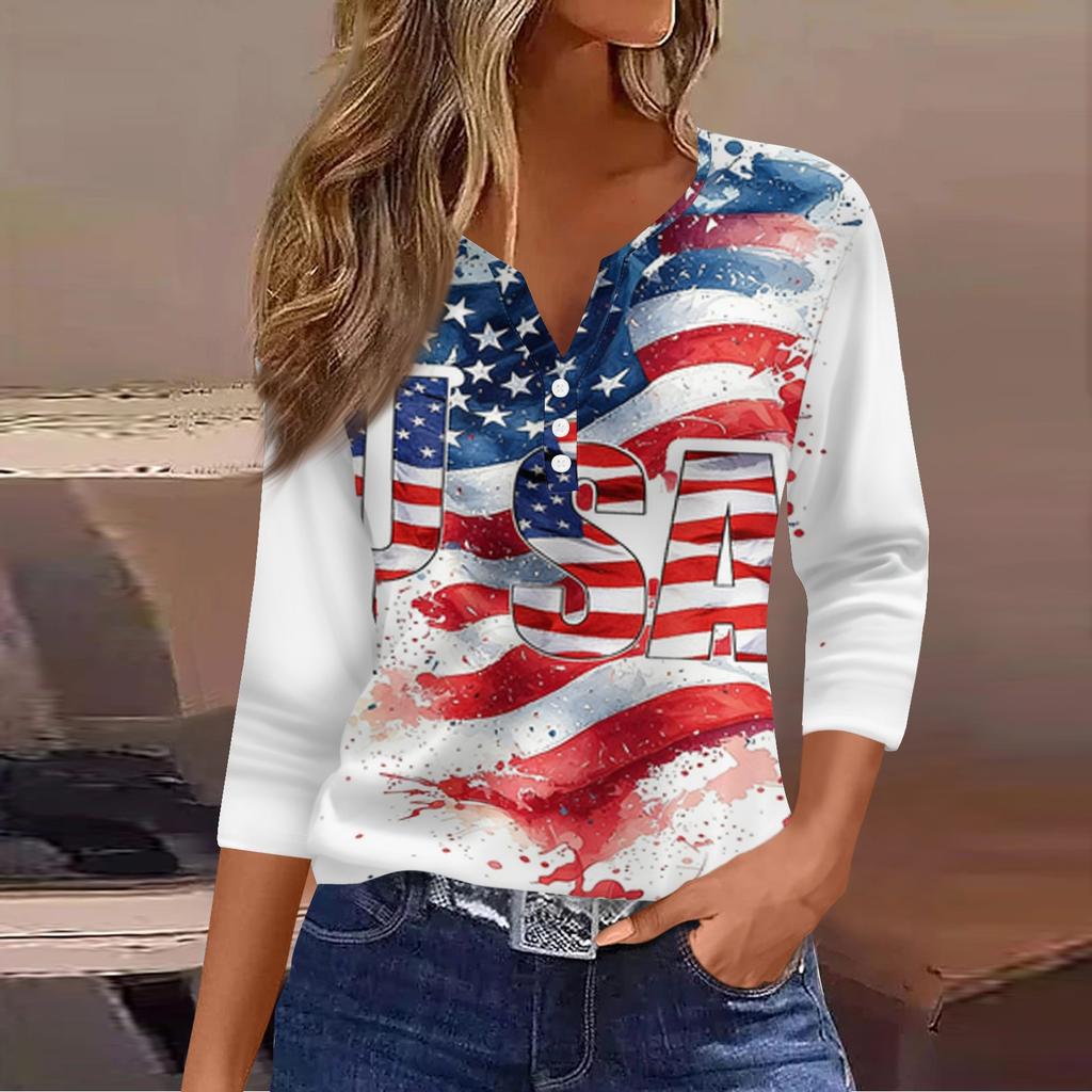Women's Fashion Casual Independence Day American Flag Stars and Stripes Print Collar V-Neck Three-Quarter Sleeve Decorative Button-Up T-Shirt Top