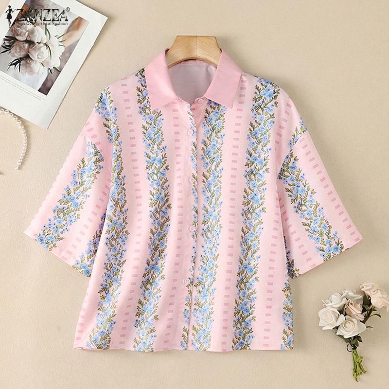 ZANZEA Women Casual Turn Down Collar Loose Half Sleeve Print Blouse