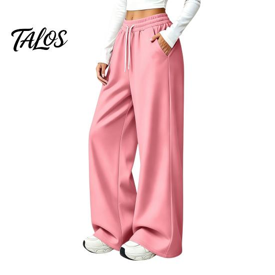Wrinkle Resistant Casual Pants Women Wide Leg for Fall Winter, Drawstring Elastic Waist Loose Fit Trousers, Solid Color Straight Legs Trousers