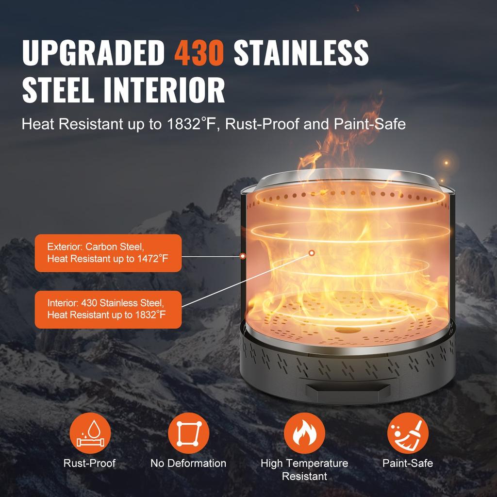 VEVOR Smokeless Fire Pit Stove Bonfire 40 Cm Dia Wood Burning Stainless Steel