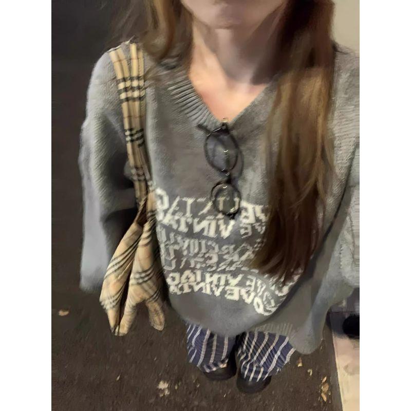 

Korean Style Lazy Gray Sweater Women s Autumn and Winter Thickening Letter Jacquard round Neck Knitwear Loose Pullover Long Sleeve Top Grey S(Suggested 37.50 kg-47.50 kg)