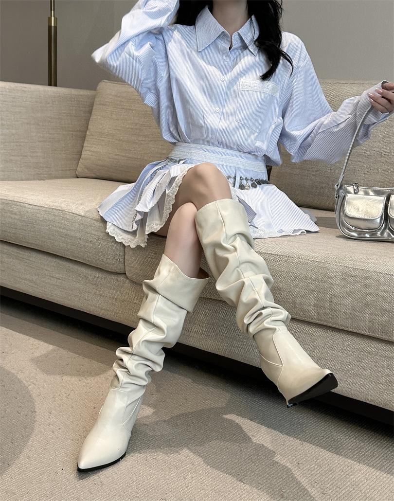 

Brown High Heel Over Knee Pile Long Boots Women s Shoes 2025 New Autumn and Winter Pointed Skinny Knight Boots 39