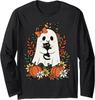 Vintage Ghost With Black Cat And Pumpkins Halloween Long Sleeve T-Shirt