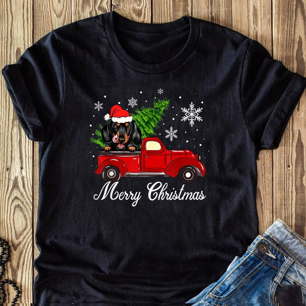 Dachshund Christmas T-Shirt: Dog in Red Truck - Gift for Dog Lovers
