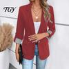 3/4 Sleeve Women Blazer Lapel Collar Blazer, Open Front Business Comfortable with Pockets Casual Suit Jacket, Office Work Short Button Jacket