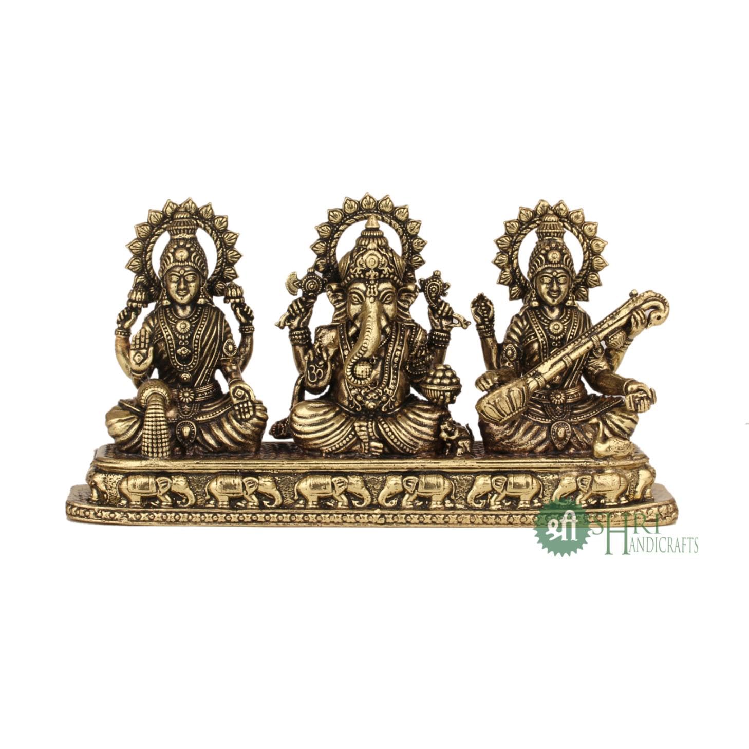 

Laxmi Ganesh & Saraswati Idol, Hindu God Statue, Brass, Gold, Size - Small