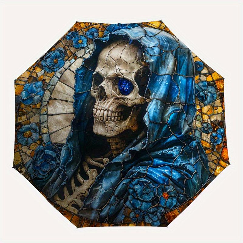 Stained Glass Skull with Blue Flowers Wall Art Decor Umbrella, Christmas Gift Y101