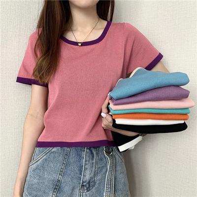 Verão Fino Retrô Coreano Manga Curta Camiseta Contraste Camiseta Curta Top Feminino Moda Ins