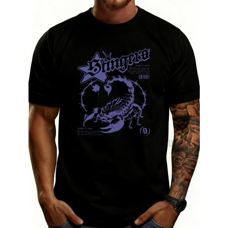 

European sizes Graphic Design Men S T-Shirt Stingers Scorpion And Star Pattern Summer Casual Wear for Men with Bold Tattoo Style Perfect Gift for Him 4XL чорний
