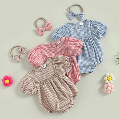 Toddler Infant Baby Girls Summer Clothing Short Puff Sleeve Plaid Print Romper Jumpsuit with Bow Headband Outfits