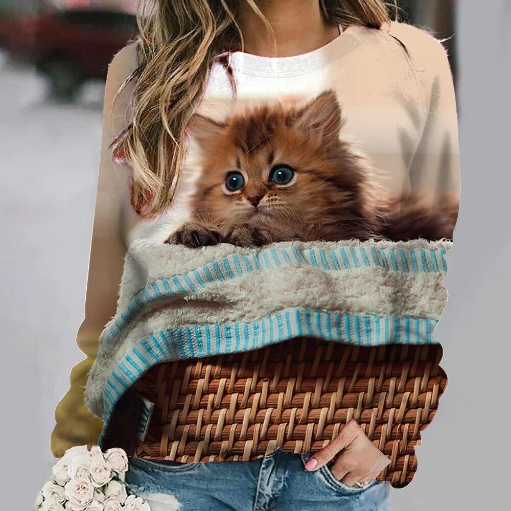 Kadın kazak moda O boyun uzun kollu tişört gevşek taklit pamuklu giysiler kadın rahat sevimli kedi T Shirt kızlar için sokak
