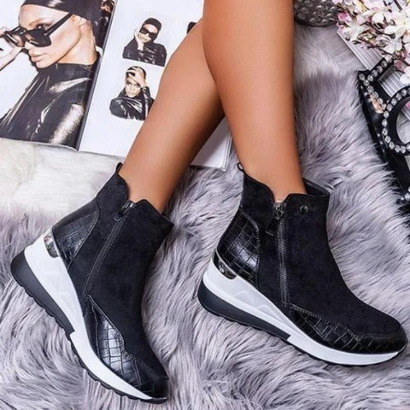 Low-top Shoes for Warmth, Round-toed Wedge Heels with Side Zippers, Women's Boots, Thick-soled Snow Boots