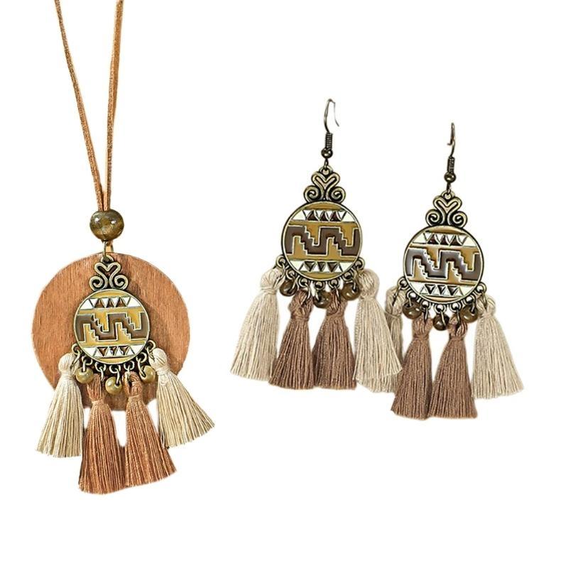A52E Sophisticated Ethnic Accessory Teardrop Charm Handwoven Tassels Necklace and Earrings Set Elegant Party Accessories