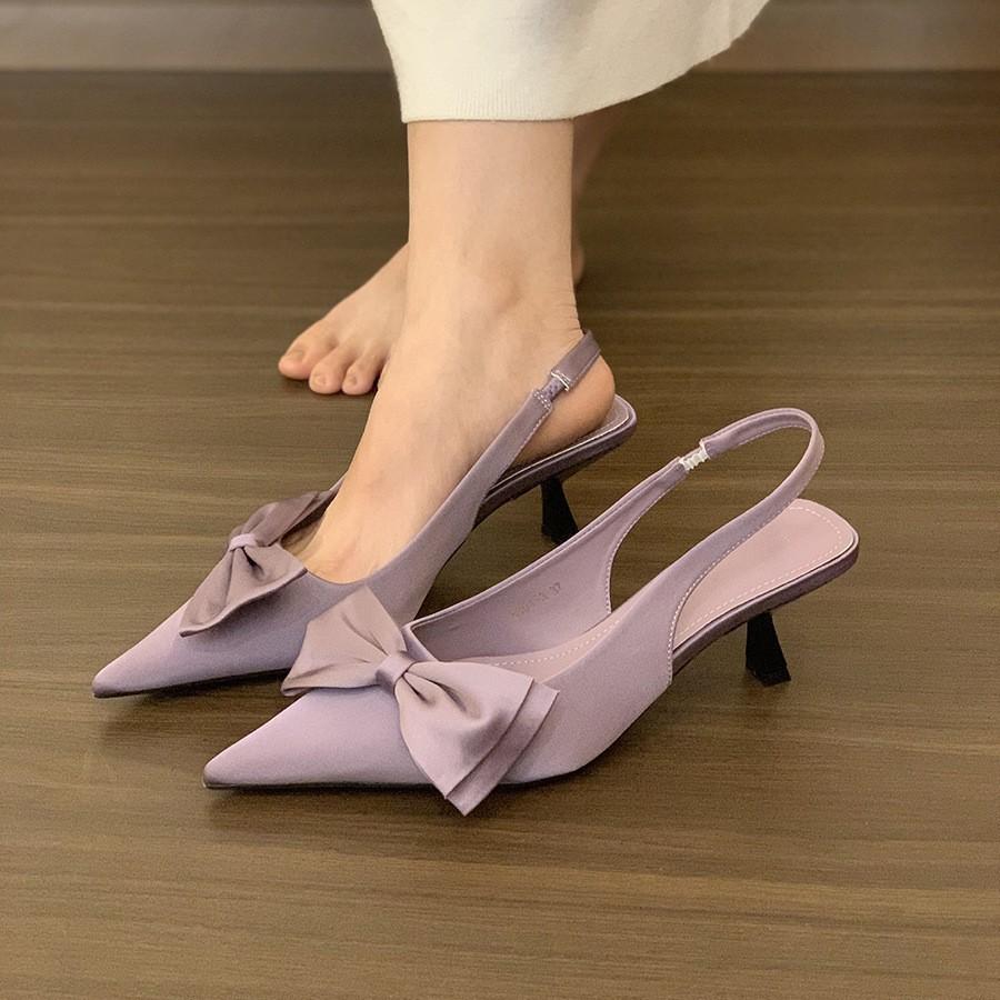 Purple pointed high heels bag head sandals fairy shoes 2025 spring and summer French temperament socialite stiletto shoes
