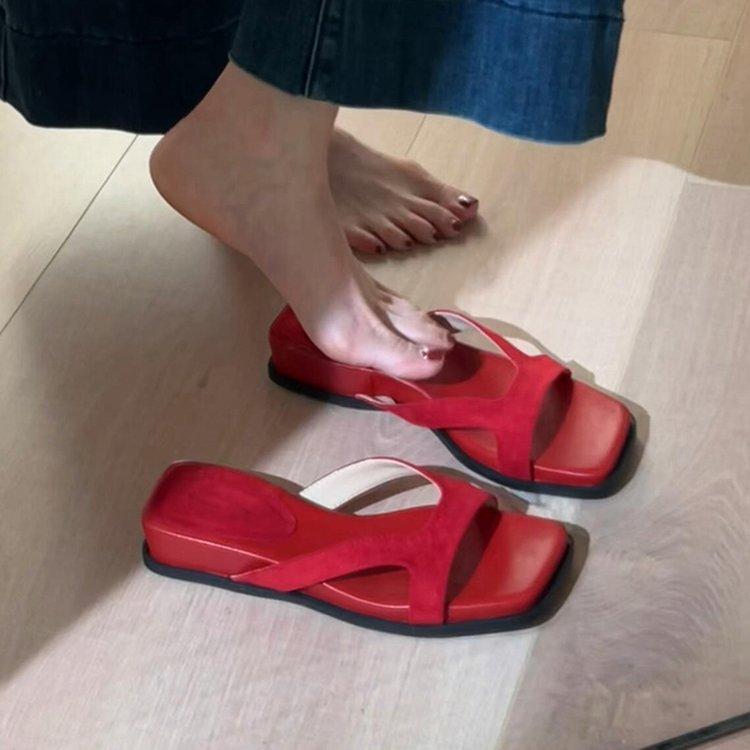 

Soft leather version~ Korean version of simple outer wear thick-soled one-word slippers women s retro casual soft-soled open-toed simple cool slippers 40 арбуз красный