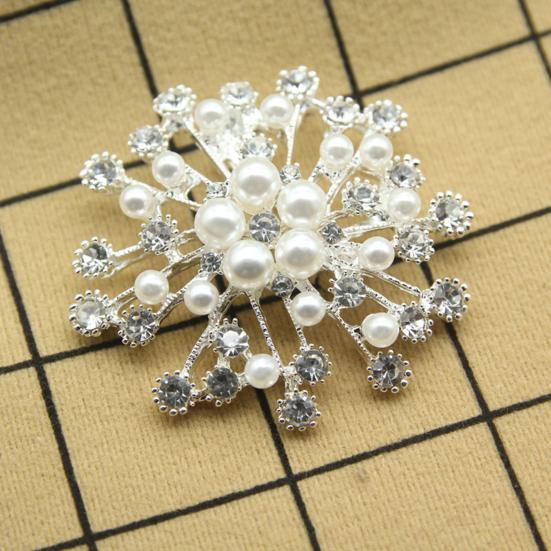Women Brooch Snowflake Shape Rhinestone Faux Pearl Decor Anti-slip Wear-resistant Suit Coat Collar Hat Scarf Decoration