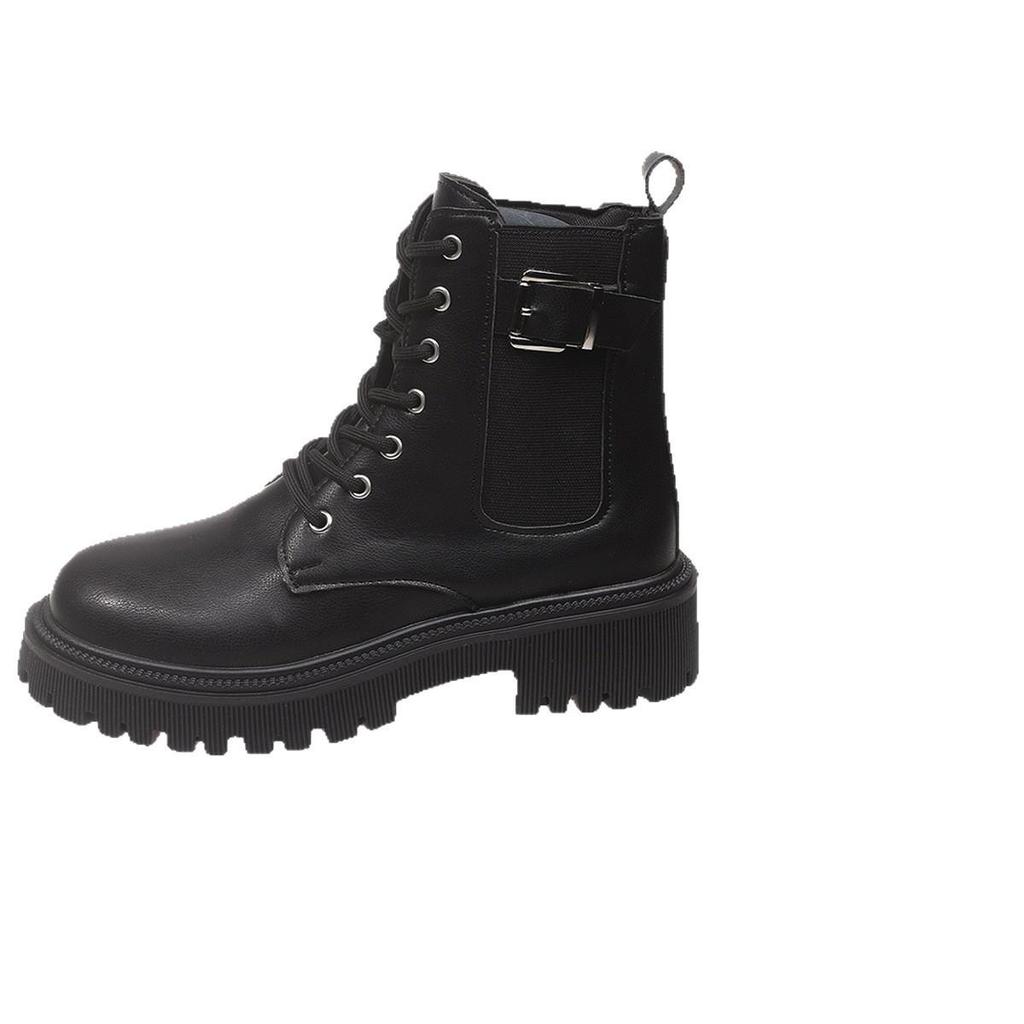 2025 Autumn Women's British Style Thick-Soled Plus Size Leather Buckle Lace-Up Ankle Martin Boots