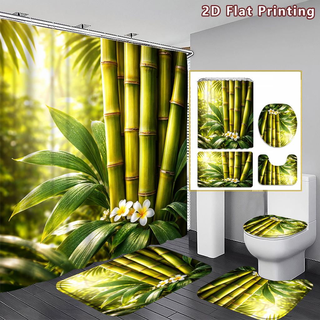 4Pcs 2D Flat Forest Shower Curtain Set with Non-Slip Bath Mat, Toilet Lid Cover, Contour Rug & 12 Hooks, Bathroom Decor